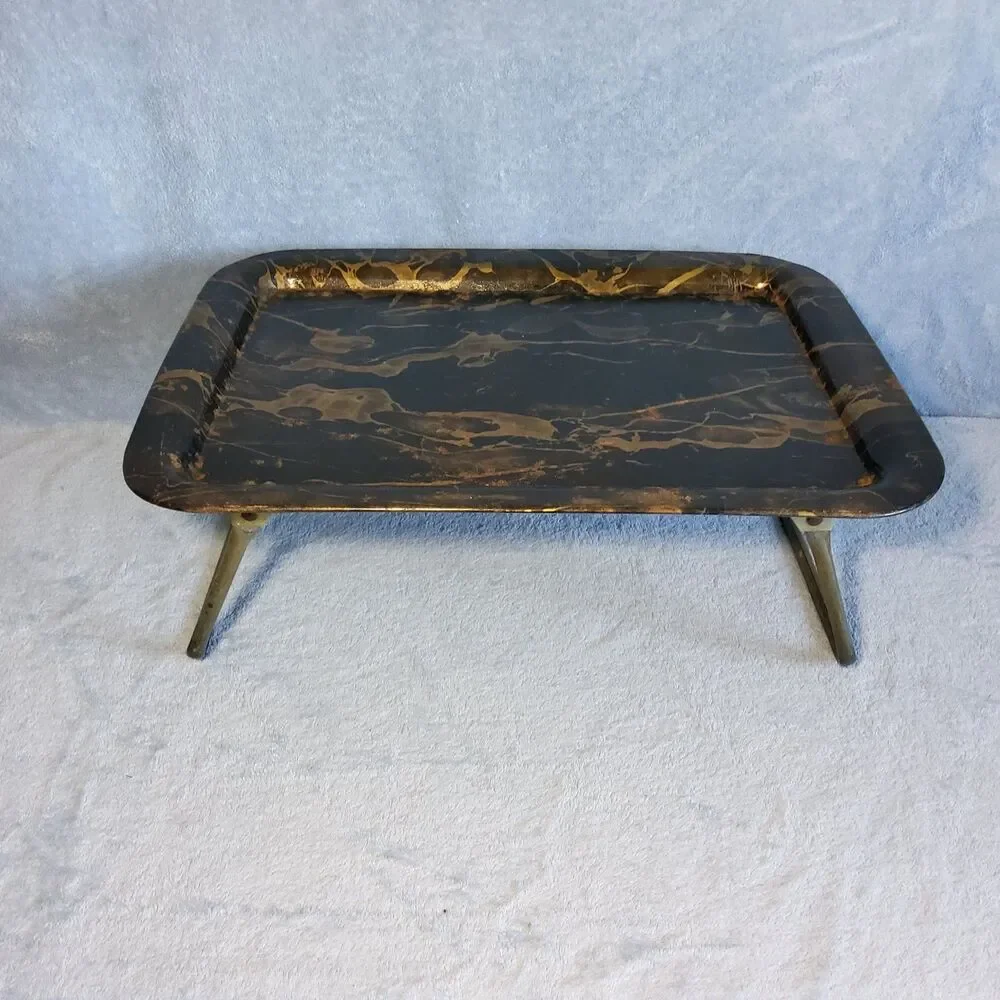 Vintage Metal TV Lap Tray Bed Breakfast Foldable Legs Black Gold Faux Marble